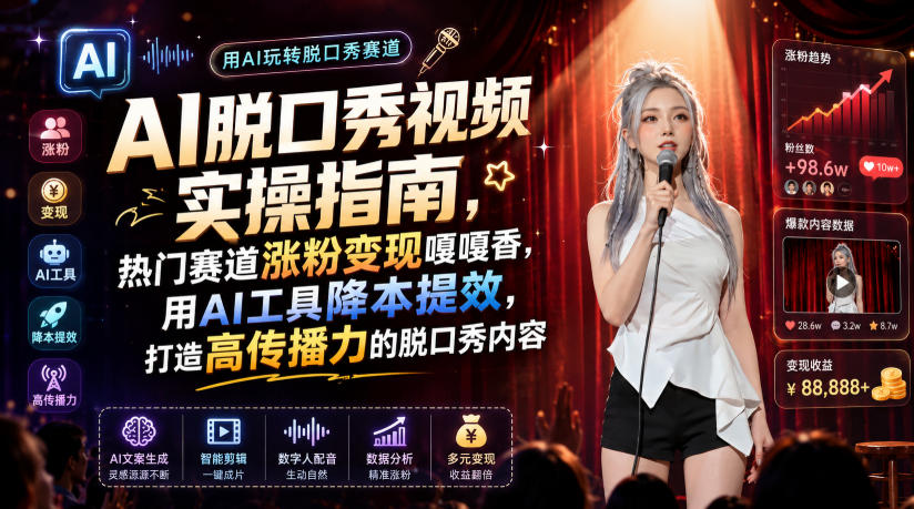 AI脱口秀视频实操指南，热门赛道涨粉变现嘎嘎香，用AI工具降本提效，打造高传播力的脱口秀内容来宝云总站-闲云创业网-老谢轻创网-中创网-福缘网-冒泡网-资源之家-魔方项目库来宝云总站