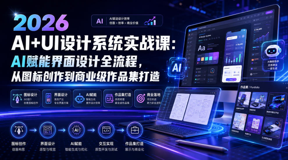 2026 AI+UI设计系统实战课:AI赋能界面设计全流程,从图标创作到商业级作品集打造-798资源站