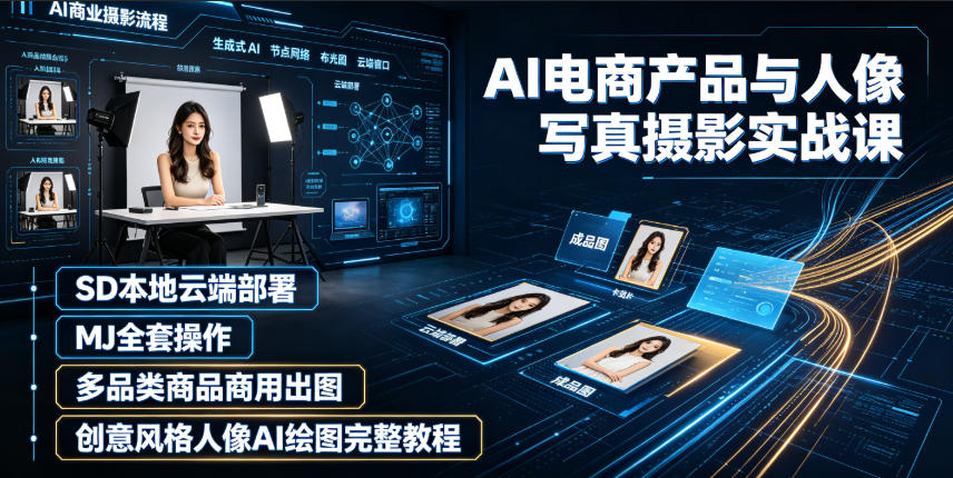AI电商产品与人像写真摄影实战课|SD本地云端部署、MJ全套操作、多品类商品商用出图、创意风格人像AI绘图完整教程-798资源站
