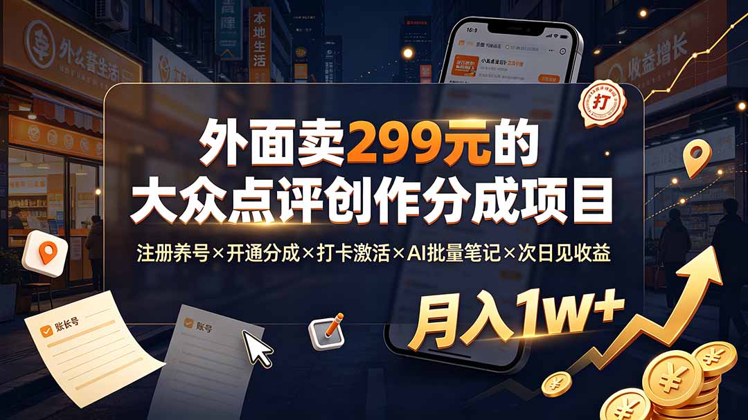 外面卖299元的大众点评创作分成项目：注册养号×开通分成×打卡激活×AI批量笔记×次日见收益，月入1w+-798资源站