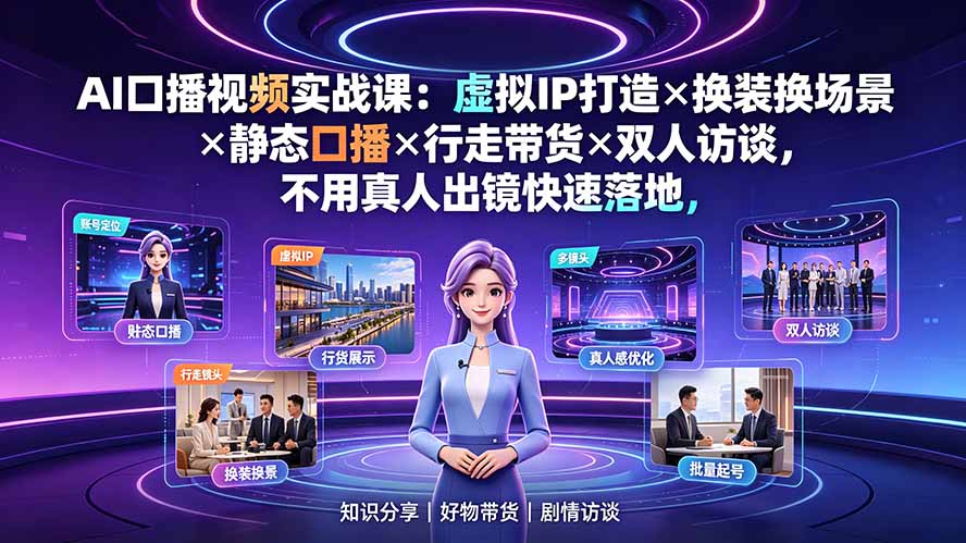 AI口播视频实战课：虚拟IP打造×换装换场景×静态口播×行走带货×双人访谈，不用真人出镜快速落地-798资源站