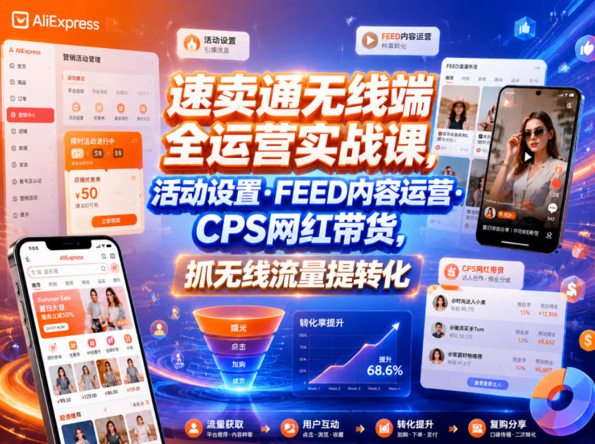 速卖通无线端全运营实战课,活动设置・FEED内容运营・CPS网红带货,抓无线流量提转化-798资源站
