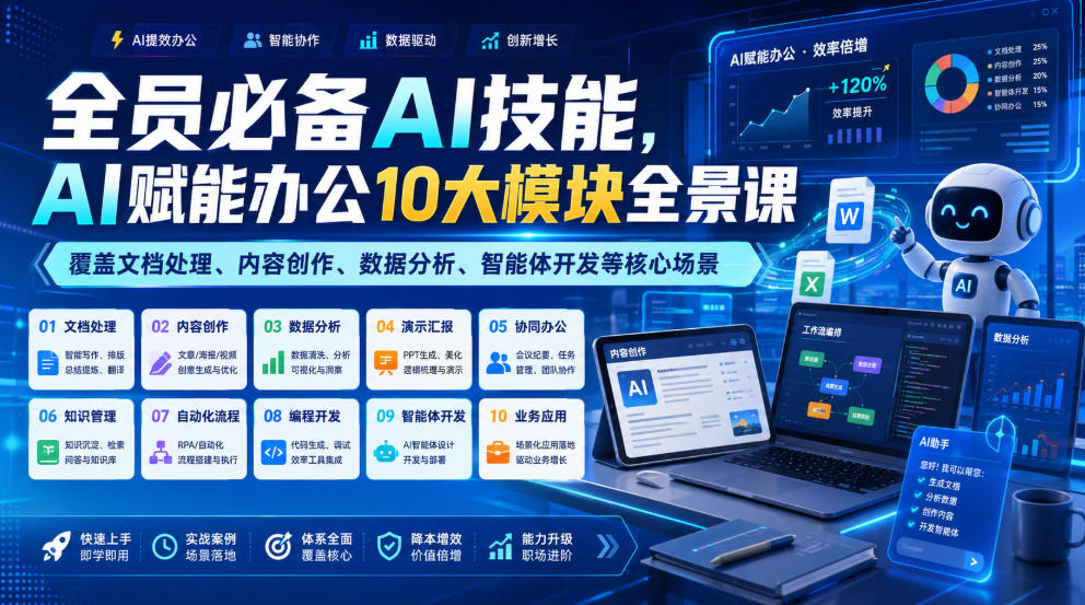 全员必备AI技能,AI赋能办公10大模块全景课,覆盖文档处理、内容创作、数据分析、智能体开发等核心场景-798资源站