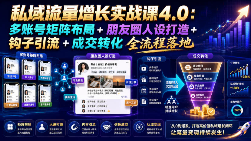 私域流量增长实战课4.0：多账号矩阵布局+朋友圈人设打造+钩子引流+成交转化全流程落地来宝云总站-闲云创业网-老谢轻创网-中创网-福缘网-冒泡网-资源之家-魔方项目库来宝云总站