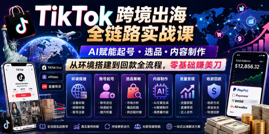 TikTok跨境出海全链路实战课，AI赋能起号・选品・内容制作，从环境搭建到回款全流程，零基础賺美刀来宝云总站-闲云创业网-老谢轻创网-中创网-福缘网-冒泡网-资源之家-魔方项目库来宝云总站