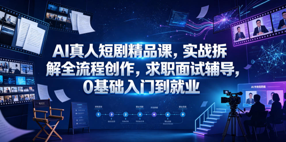 AI真人短剧精品课，实战拆解全流程创作，求职面试辅导，0基础入门到就业来宝云总站-闲云创业网-老谢轻创网-中创网-福缘网-冒泡网-资源之家-魔方项目库来宝云总站