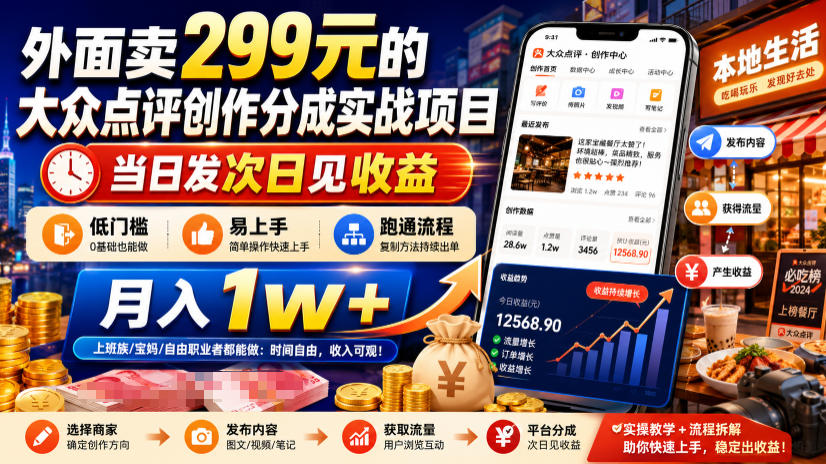 外面卖299元的大众点评创作分成实战项目，当日发次日见收益，低门槛易上手，跑通流程月入1w+-798资源站