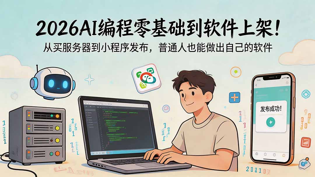 2026AI编程零基础到软件上架！从买服务器到小程序发布，普通人也能做出自己的软件来宝云总站-闲云创业网-老谢轻创网-中创网-福缘网-冒泡网-资源之家-魔方项目库来宝云总站