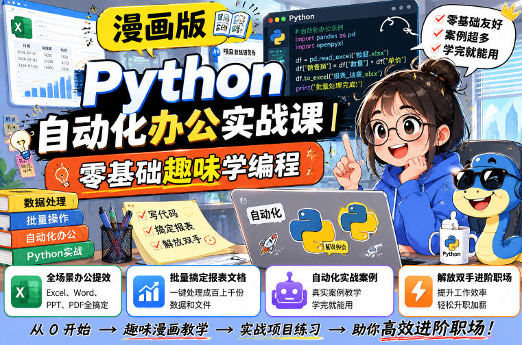 漫画版Python自动化办公实战课｜零基础趣味学编程，全场景办公提效、批量搞定报表文档、解放双手进阶职场来宝云总站-闲云创业网-老谢轻创网-中创网-福缘网-冒泡网-资源之家-魔方项目库来宝云总站