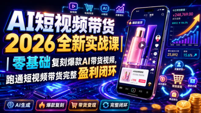 AI短视频带货2026全新实战课|零基础复刻爆款AI带货视频,跑通短视频带货完整盈利闭环-798资源站