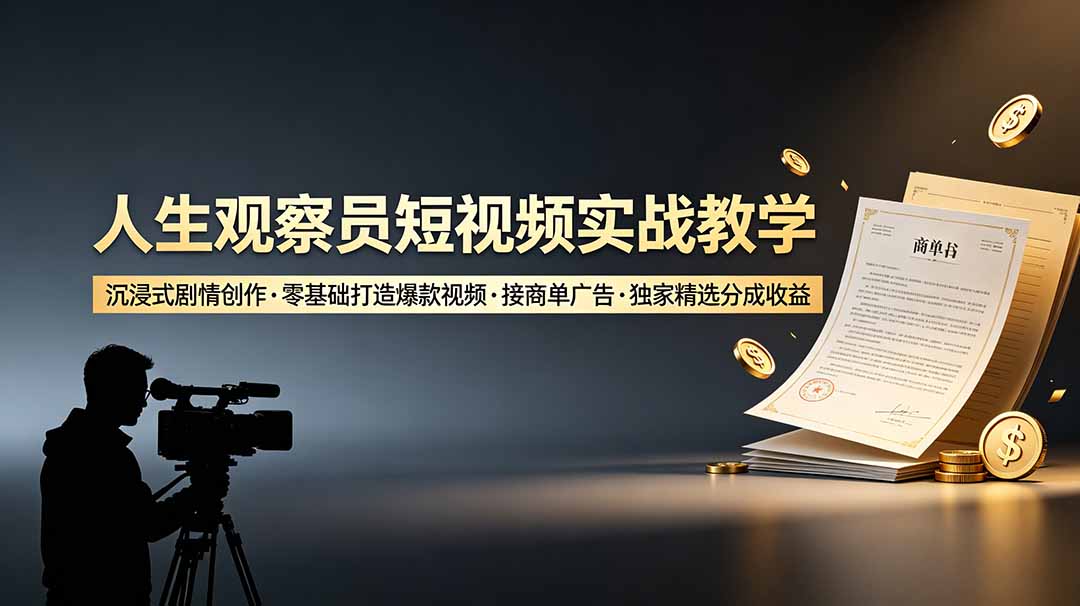 人生观察员短视频实战教学，沉浸式剧情创作，零基础打造爆款视频，接商单广告，独家精选分成收益来宝云总站-闲云创业网-老谢轻创网-中创网-福缘网-冒泡网-资源之家-魔方项目库来宝云总站